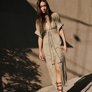 Free People Vintage Summer Midi Dress In Green Beige Color